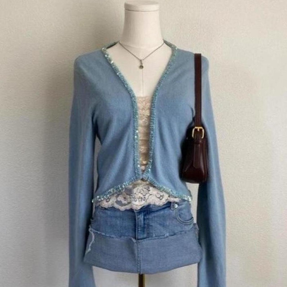 Y2K International Concepts Blue Sequin Embellished Trim Cardigan Sweater